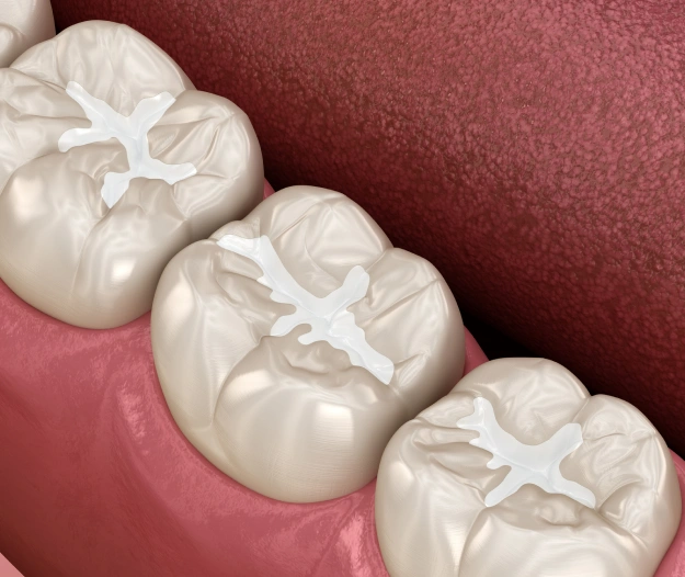 3D illustration of dental sealants applied to the chewing surfaces of molars to protect against decay