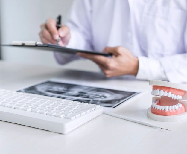 Dentist writing on a clipboard at a desk with a keyboard, dental X-ray, and a model of teeth in the foreground.